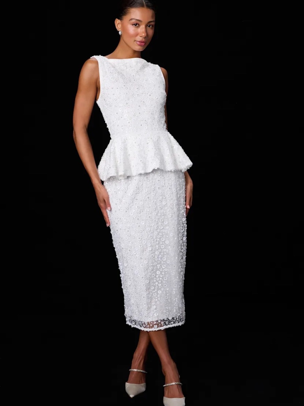 Lulus Nivina White Beaded Sequin Peplum Midi Dress Bridal Wedding Formal Event